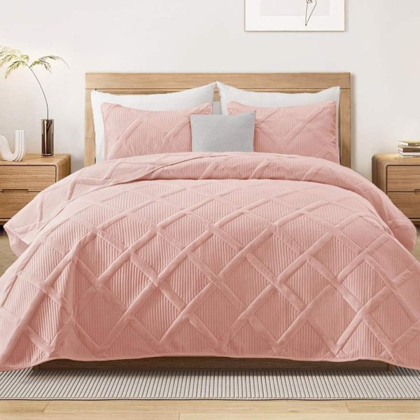 A set of soft bedding covers with light pink stripes