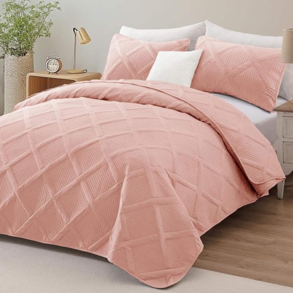 A set of soft bedding covers with light pink stripes